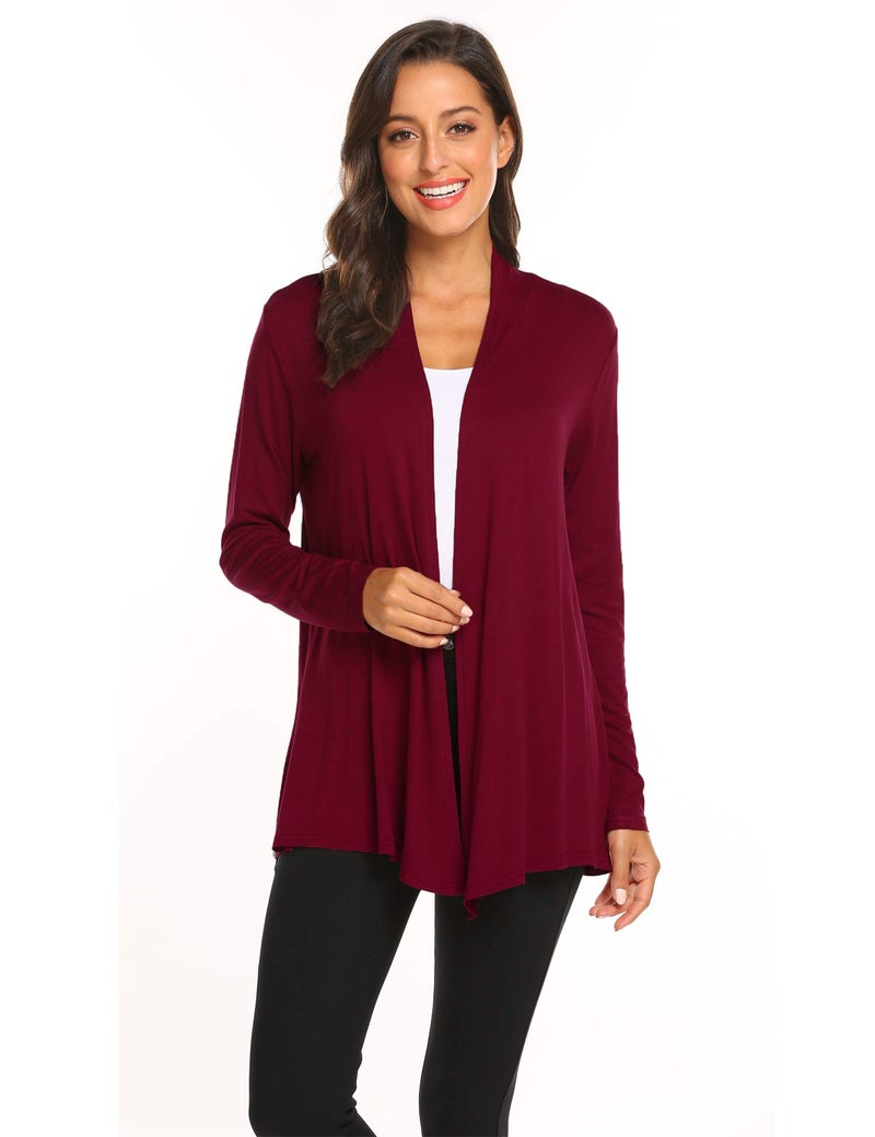 Newchoice Womens Classic Lightweight Long Sleeve Cardigans Soft Drape Open Front Cardigan Loose Kimono Coverups (Wine Red, S) - Image 3